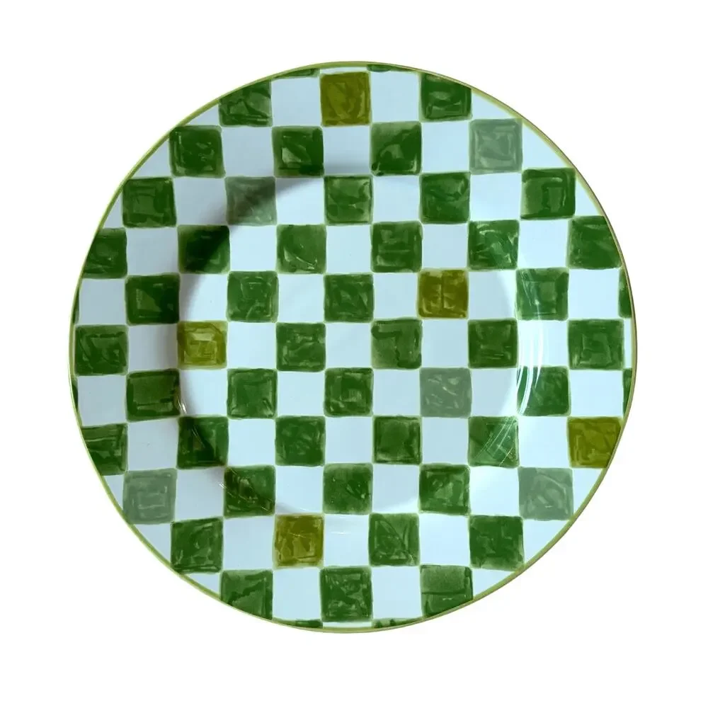 Mackenzie Childs Green Check Round Platter 13.25in Portugal Stoneware NEW